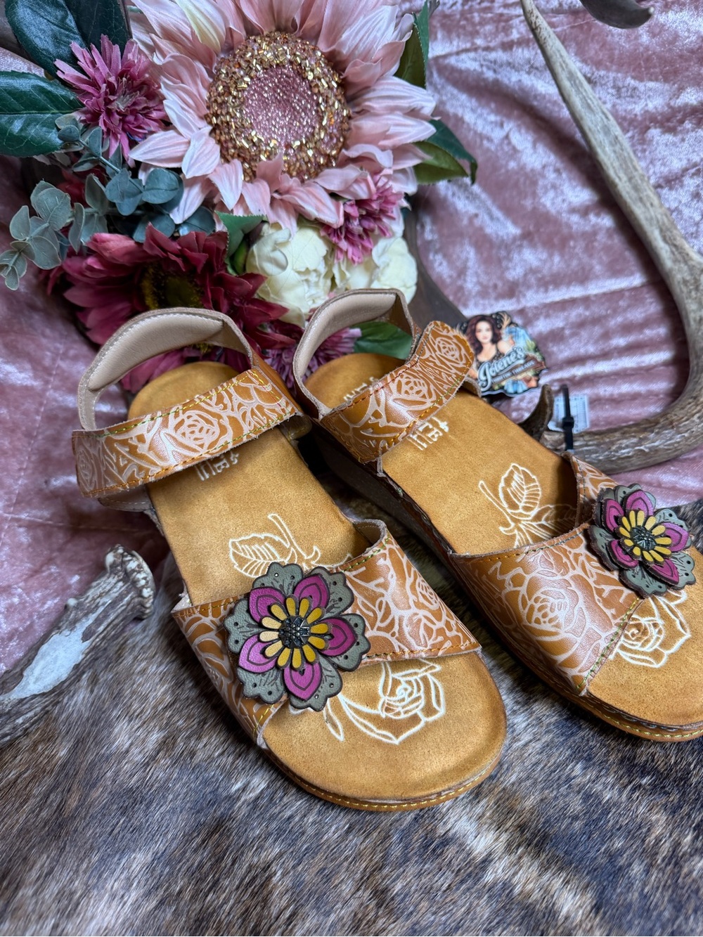 L'Artiste by Spring Step Leather Floral Ankle Strap Sandals Boho
